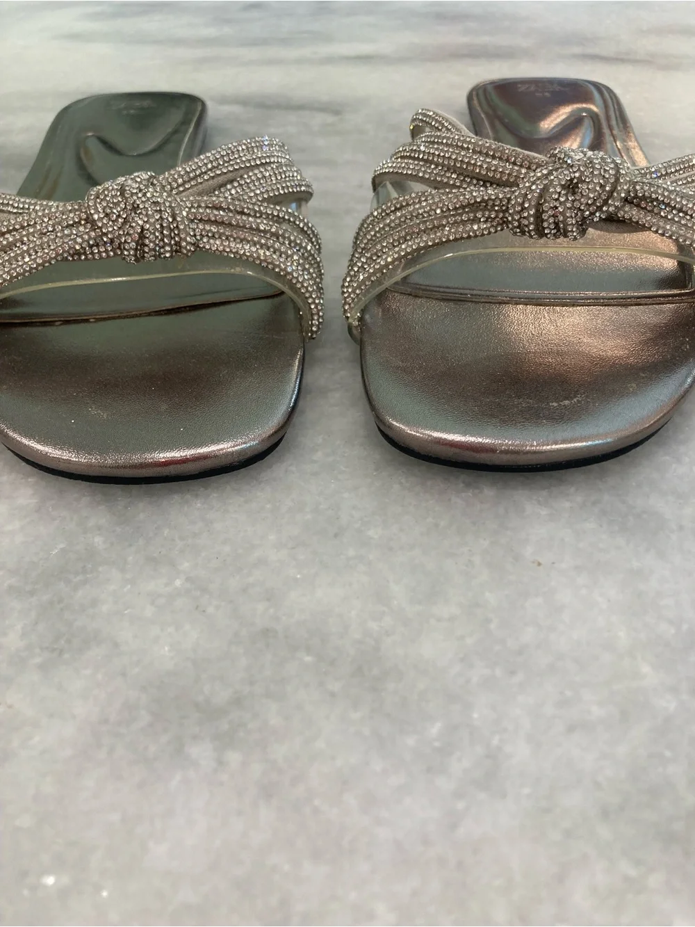 ZARA Silver Rhinestone Crystal Open Toe Flat Slide Sandals - Picture 6 of 14